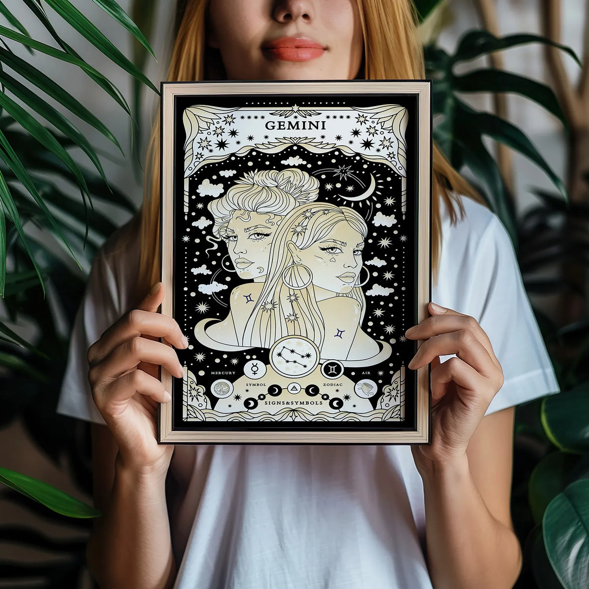 Young woman holding Gemini cosmic zodiac portrait featuring two feminine figures surrounded by stars, Gemini constellation, Mercury symbol, and Air element