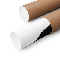 Two brown cardboard mailing tubes on a clean white background, one partially open to reveal a white interior and a black insert.