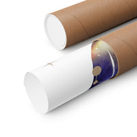 Two brown kraft paper poster tubes on a clean white background, with one tube partially opened to reveal a printed space-themed poster inside featuring a purple galaxy design with gold stars and planets.