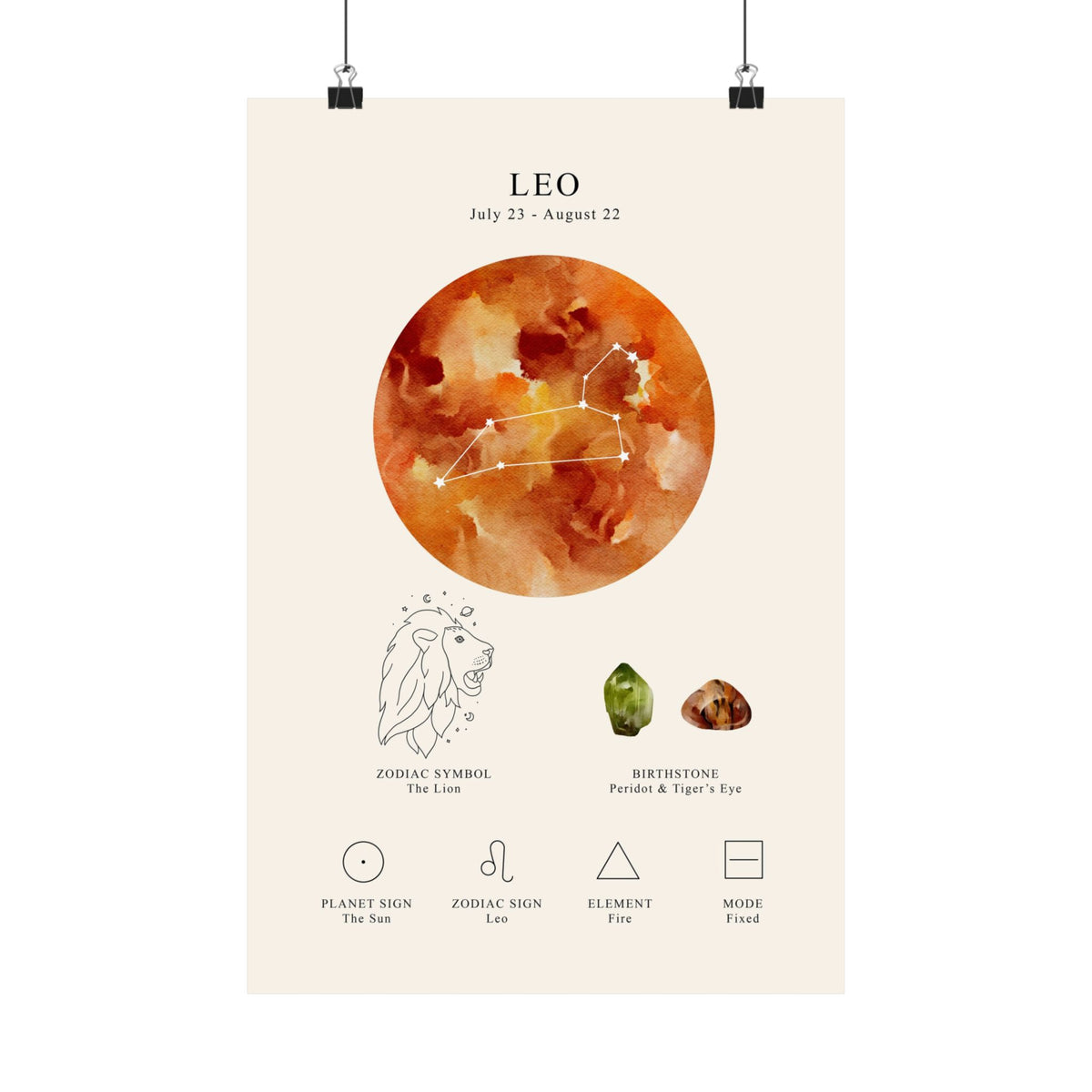 A vertical art print poster featuring the Leo zodiac sign, hanging from two black binder clips against a plain white background. The poster has a warm cream background with a large orange and brown watercolor sun graphic, a line drawing of a lion, crystals, and astrological icons with labels.
