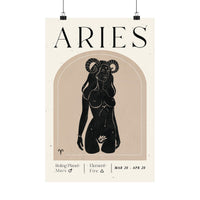 A minimalist Aries zodiac poster print with a black line-art illustration of a ram-horned woman on a beige arched panel, centered on an off-white background. The word ARIES appears at the top, with additional zodiac text at the bottom.