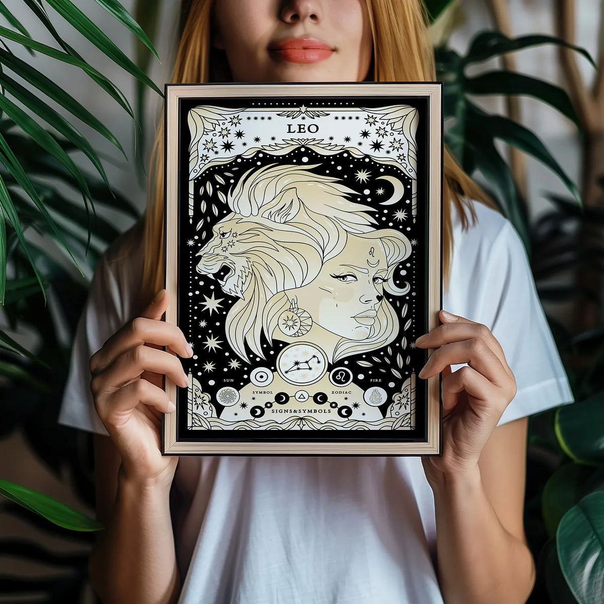 Leo cosmic zodiac portrait featuring a feminine figure and lion surrounded by stars, Leo constellation, Sun symbol, and Fire element