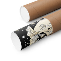 Two brown kraft paper mailing tubes on a white background, with one tube partially opened to show a printed black-and-cream fish illustration on the inner sleeve.