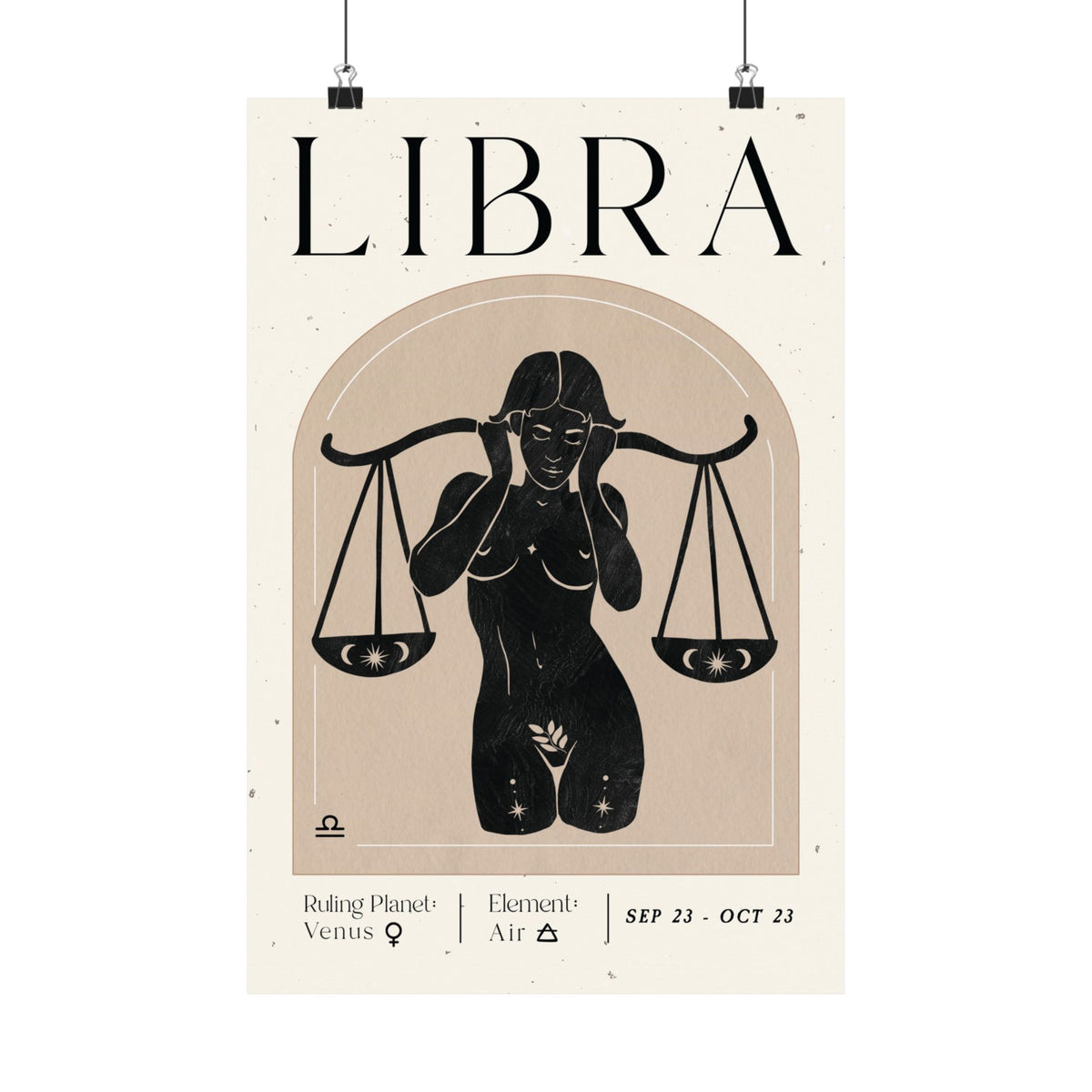 A minimalist Libra zodiac poster featuring a black silhouette of a woman holding the scales of justice, with the word 'LIBRA' in large serif letters at the top and additional astrological details at the bottom, shown hanging against a white background.