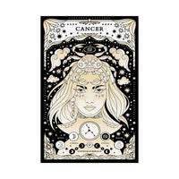A vertical tarot-style art print featuring a stylized female bust labeled 'CANCER' with celestial motifs, stars, clouds, and moon phases in black, cream, and beige tones.