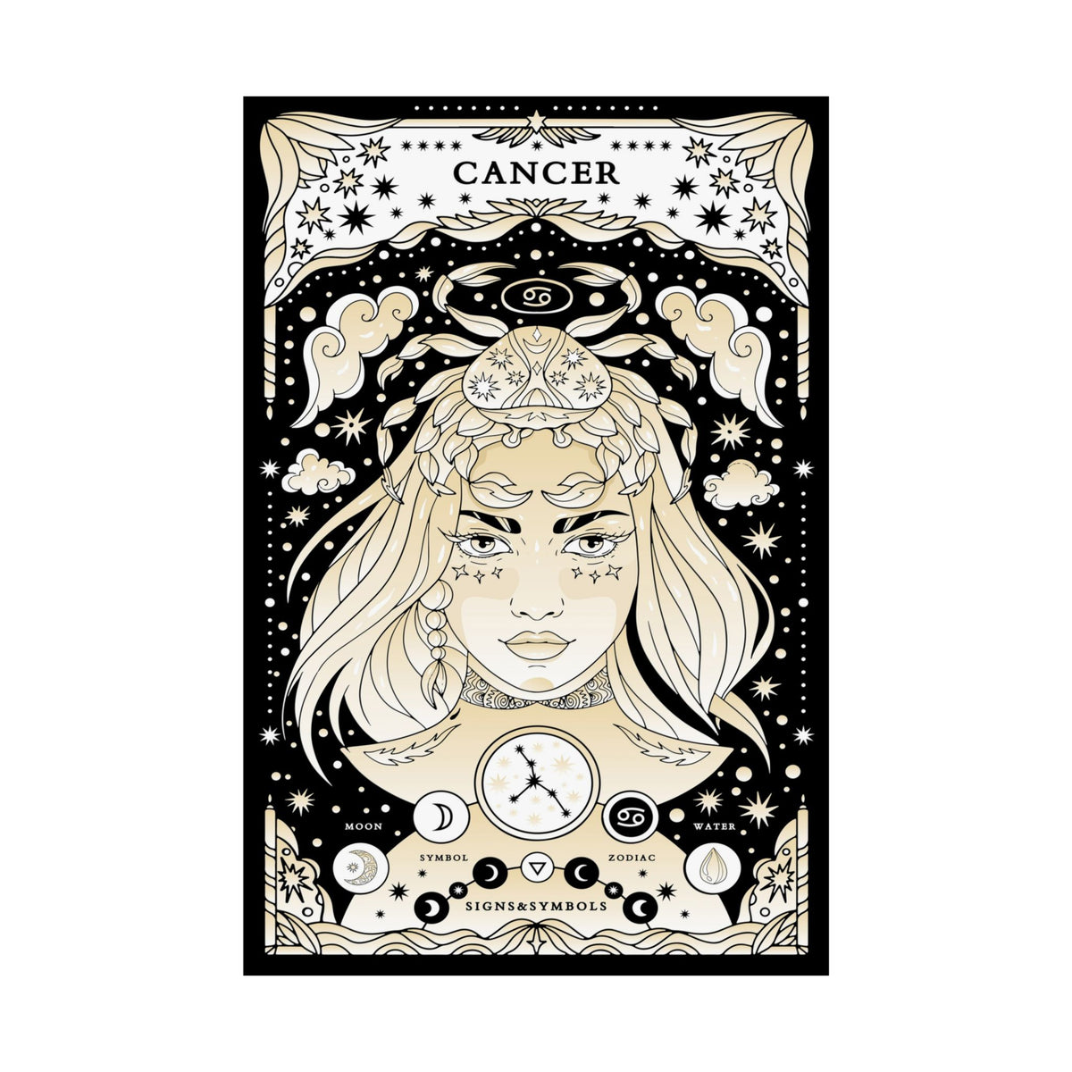 A vertical tarot-style art print featuring a stylized female bust labeled 'CANCER' with celestial motifs, stars, clouds, and moon phases in black, cream, and beige tones.
