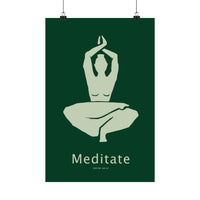 Minimalist meditation art print featuring a seated figure with raised arms in sage green against a forest-green background, 