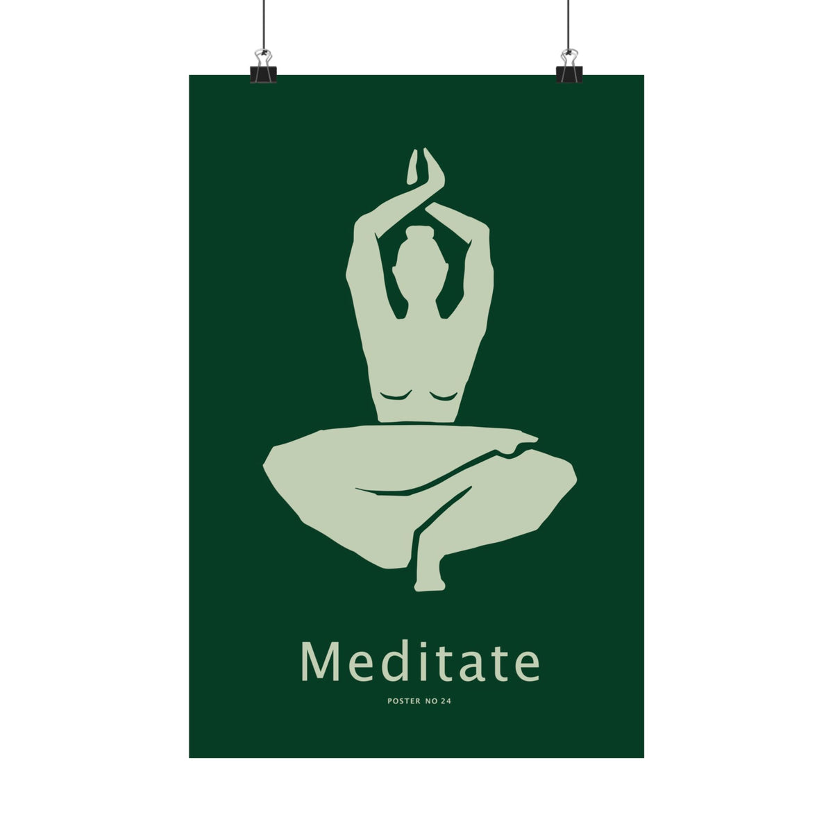 Minimalist meditation art print featuring a seated figure with raised arms in sage green against a forest-green background, 