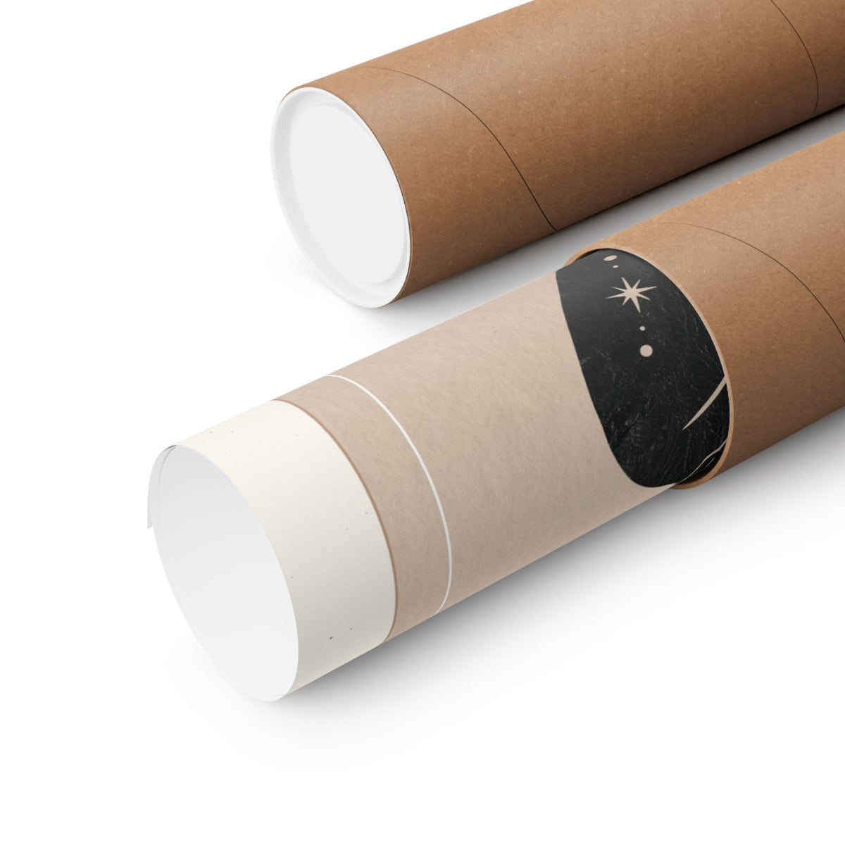 Two brown kraft paper mailer envelopes with white inner liners, one lying flat and the other standing upright, showcasing a black starry space-themed sleeve on the front.
