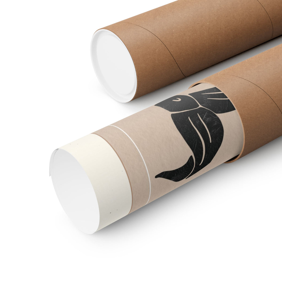 Two brown kraft paper mailing tubes with white inner liners, one standing upright and the other lying diagonally, featuring a black graphic print of a stylized face on the horizontal tube.