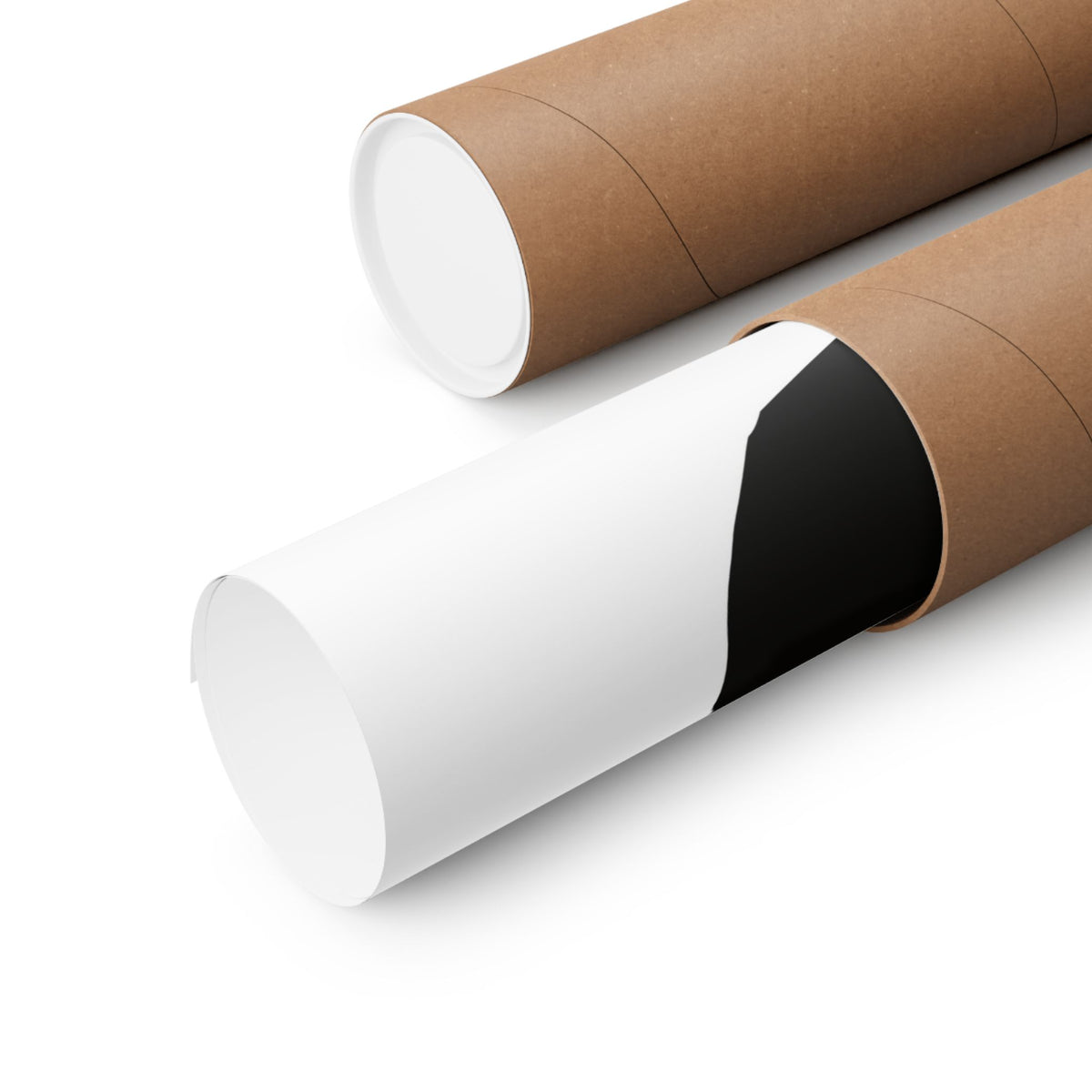 Two brown kraft paper mailing tubes on a clean white background, one fully visible and the other partially unwrapped to show a black insert.