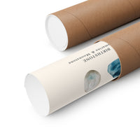 Two brown kraft paper cylindrical display tubes on a white background, one showing printed artwork with the text 'BRIGHTSTONE' and 'Emerald & Moonstone'.