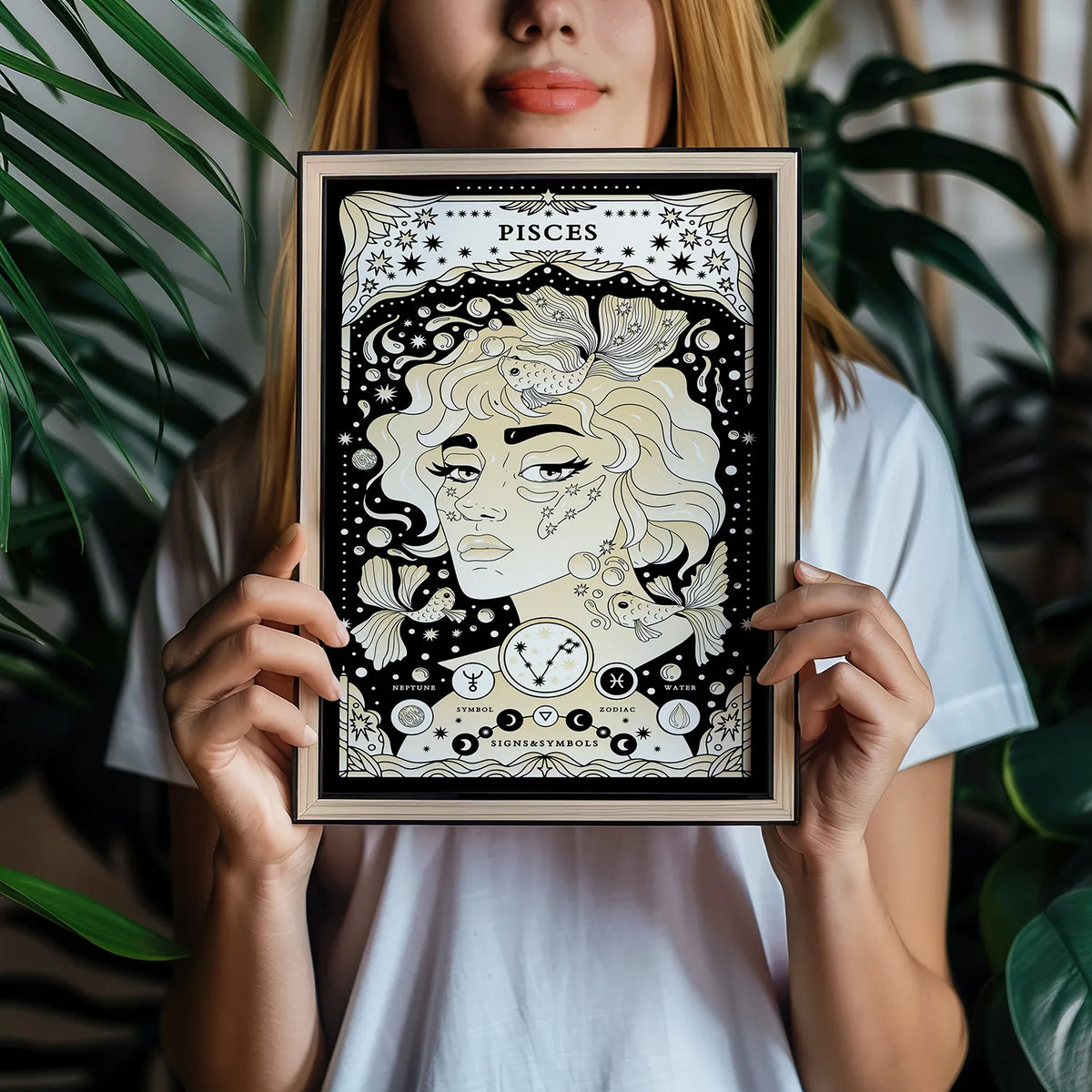 Pisces cosmic zodiac portrait featuring a feminine figure surrounded by fish, stars, Pisces constellation, Neptune symbol, and Water element