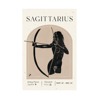 A minimalist Sagittarius zodiac poster with a cream background, featuring a black silhouette of a woman archer inside a tan arch. The text reads 'SAGITTARIUS' at the top, with additional astrological details at the bottom.