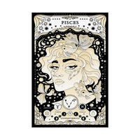 A vertical art print or poster featuring an illustrated Pisces zodiac design with a stylized face, fish, stars, moons, and astrological symbols in cream, beige, and black on a white background.