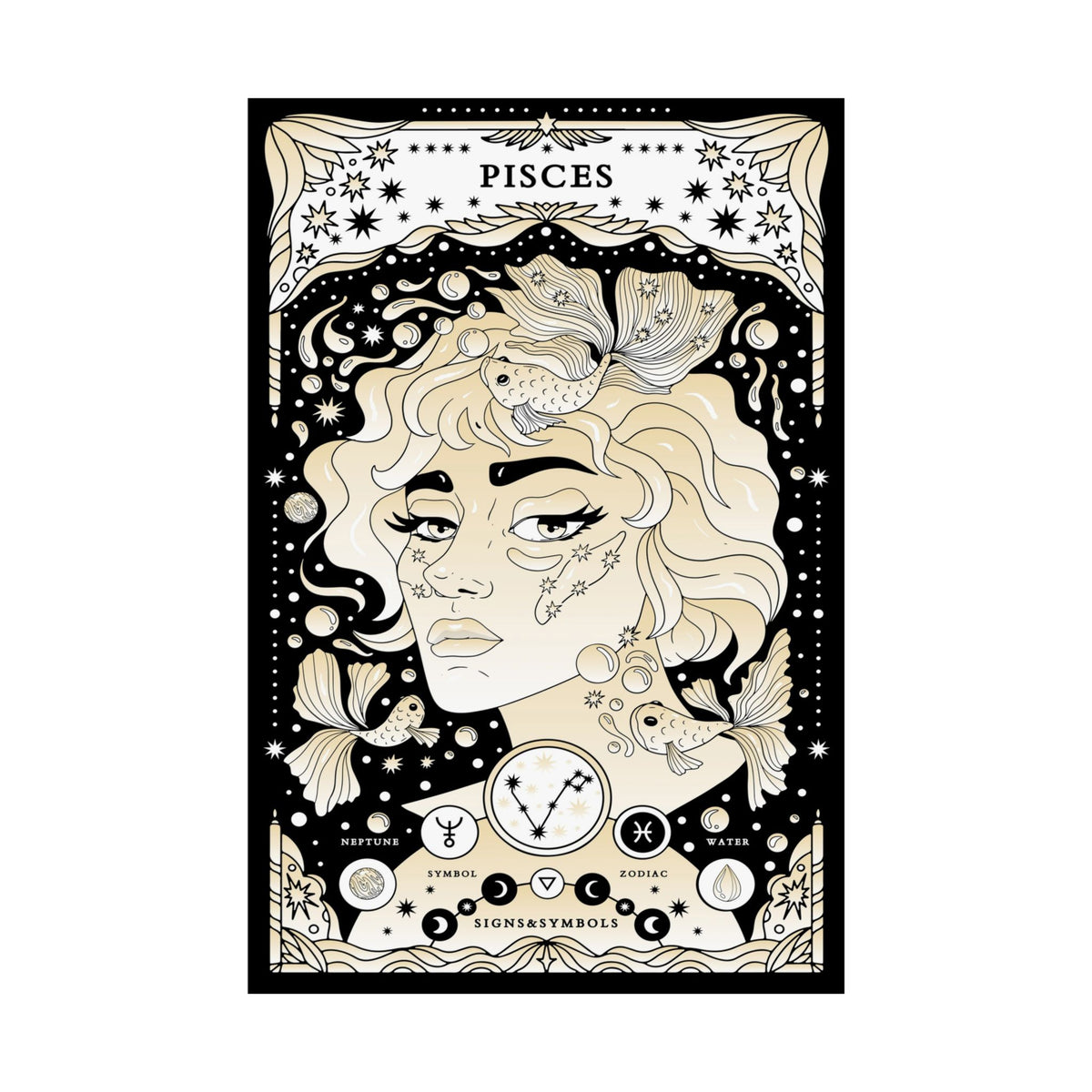 A vertical art print or poster featuring an illustrated Pisces zodiac design with a stylized face, fish, stars, moons, and astrological symbols in cream, beige, and black on a white background.