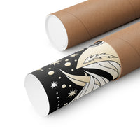 Two brown kraft paper mailing tubes, one plain and one printed with a black, beige, and white stylized bird design, shown on a white background.