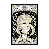 A vertical art print or poster featuring a black-and-cream illustration of the Scorpio zodiac sign, with a stylized female face, snake, stars, planets, and decorative border elements. The word 'SCORPIO' appears at the top.