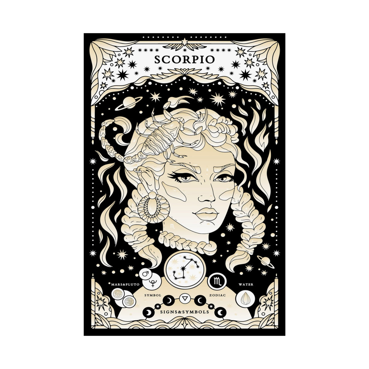 A vertical art print or poster featuring a black-and-cream illustration of the Scorpio zodiac sign, with a stylized female face, snake, stars, planets, and decorative border elements. The word 'SCORPIO' appears at the top.