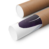 Two brown kraft paper poster tubes on a white background, with one tube partially opened to reveal a printed space-themed poster inside featuring a dark purple starry sky and white curved light streaks.