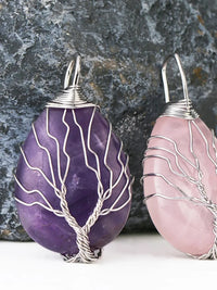 Amethyst and rose quartz wire wrapped tree of life crystal pendants