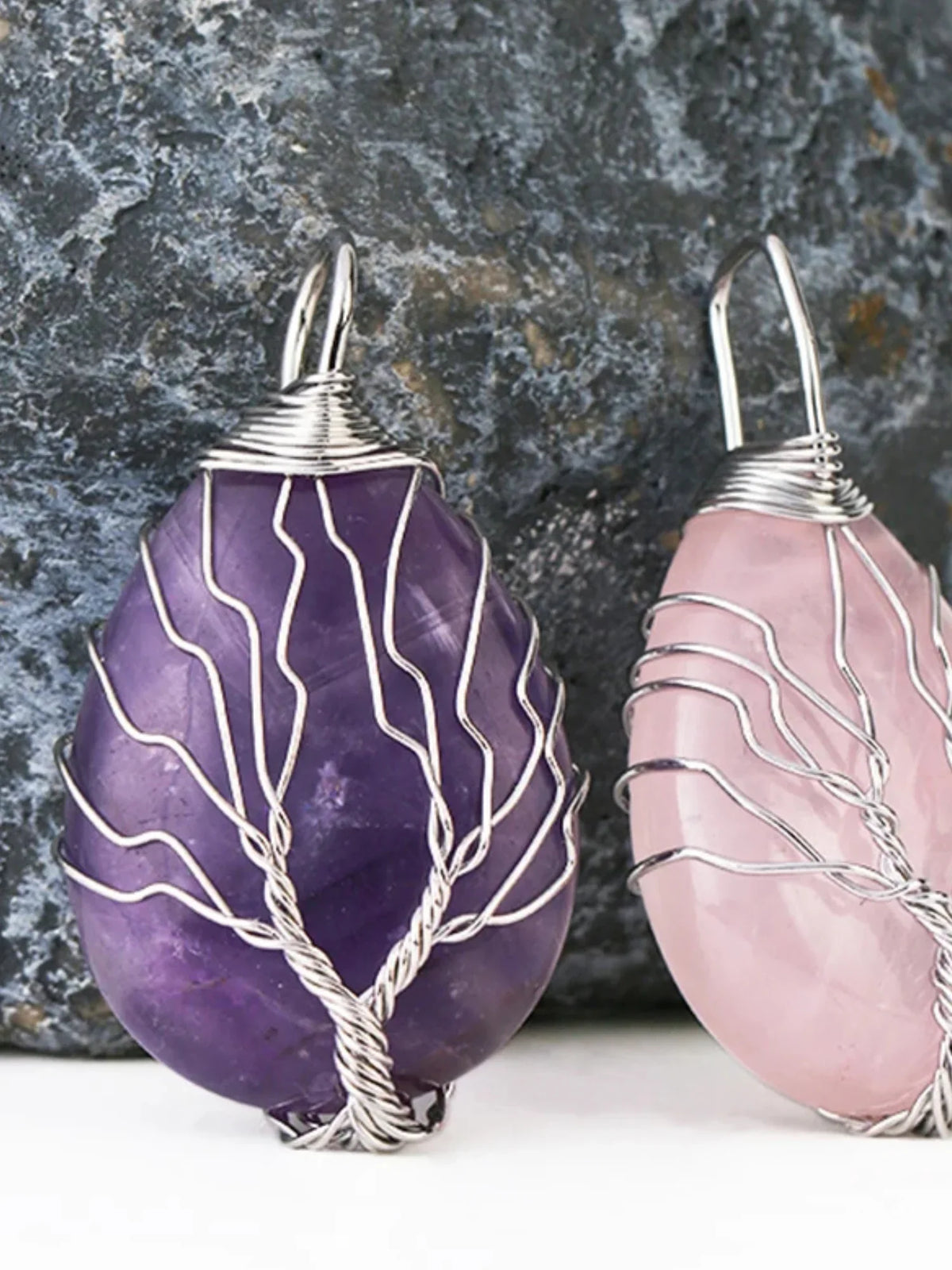 Amethyst and rose quartz wire wrapped tree of life crystal pendants