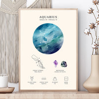 A framed astrology poster for Aquarius, featuring a watercolor blue constellation graphic and zodiac details, styled on a tabletop with a macrame wall hanging and a beige vase in the background.