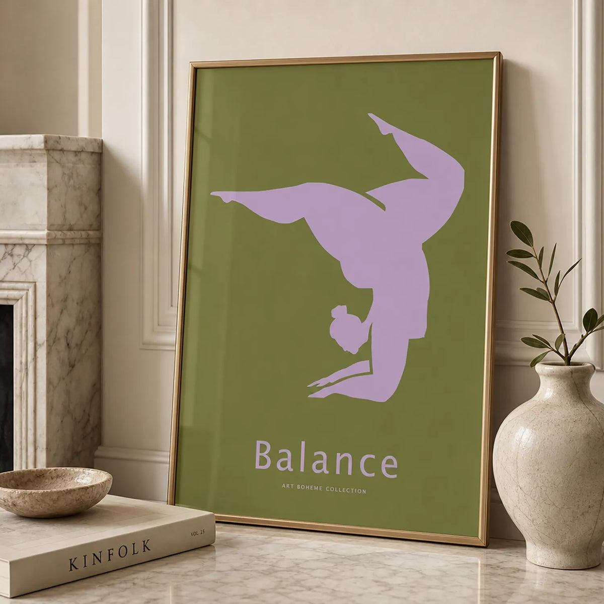 Minimalist yoga art print featuring a lavender yoga silhouette on an olive-green background, displayed in a black frame.