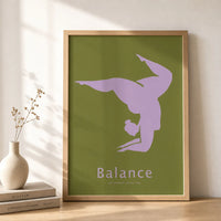 Minimalist yoga art print featuring a lavender yoga silhouette on an olive-green background, displayed in a black frame.