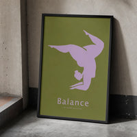 Minimalist yoga art print featuring a lavender yoga silhouette on an olive-green background, displayed in a  frame.