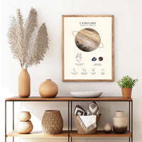 A framed Capricorn zodiac poster hangs on a white wall above a wooden console table styled with vases, a pampas grass arrangement, a bowl, and a small plant.