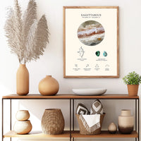 A framed Sagittarius astrology print hangs on a white wall above a wooden console table styled with vases, a bowl, and a small plant.