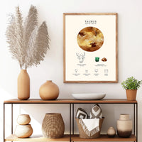 A framed Taurus astrology print hangs on a white wall above a wooden console table styled with vases, a bowl, and a small plant. The print features a cream background with a large circular astrological symbol, the word 'TAURUS,' and small line illustrations and text.