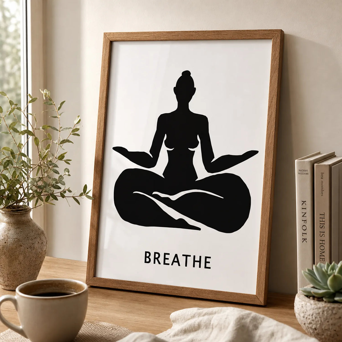 A minimalist black graphic print featuring a silhouette of a woman