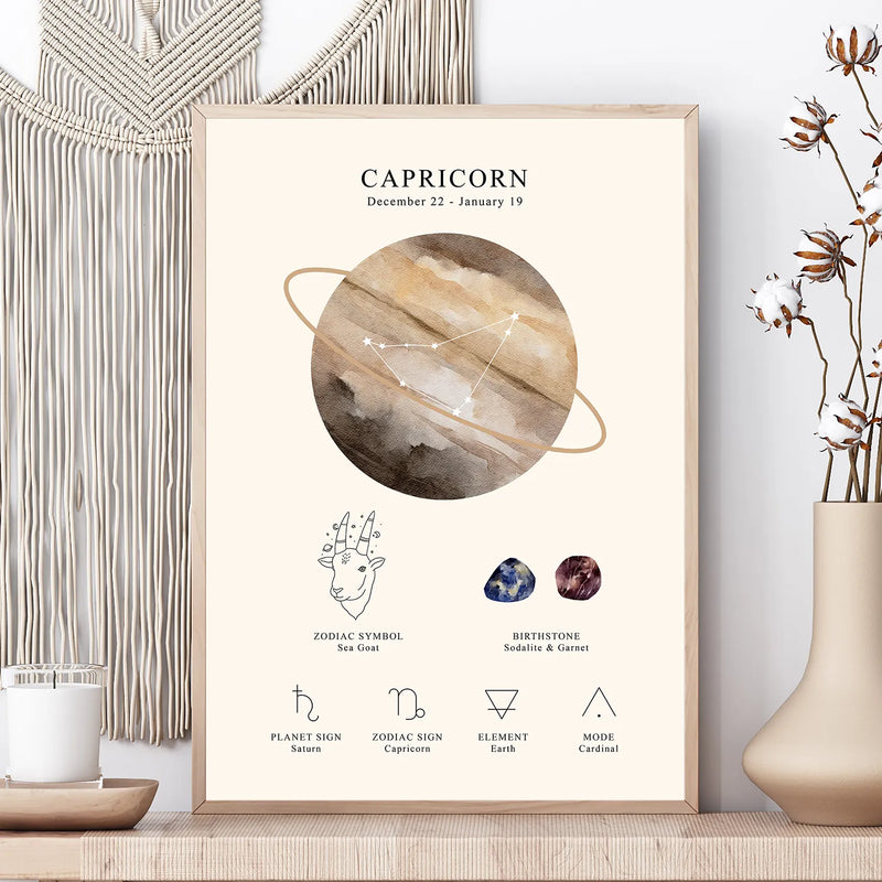 A framed Capricorn zodiac art print displayed on a wooden surface next to a macrame wall hanging and a vase with dried flowers. The print features a watercolor-style zodiac symbol, astrological details, and text for Capricorn.