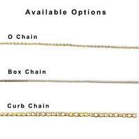 An informational graphic showing three chain styles under the heading 'Available Options' on a white background: O Chain, Box Chain, and Curb Chain. Each chain is displayed horizontally with its name printed above.