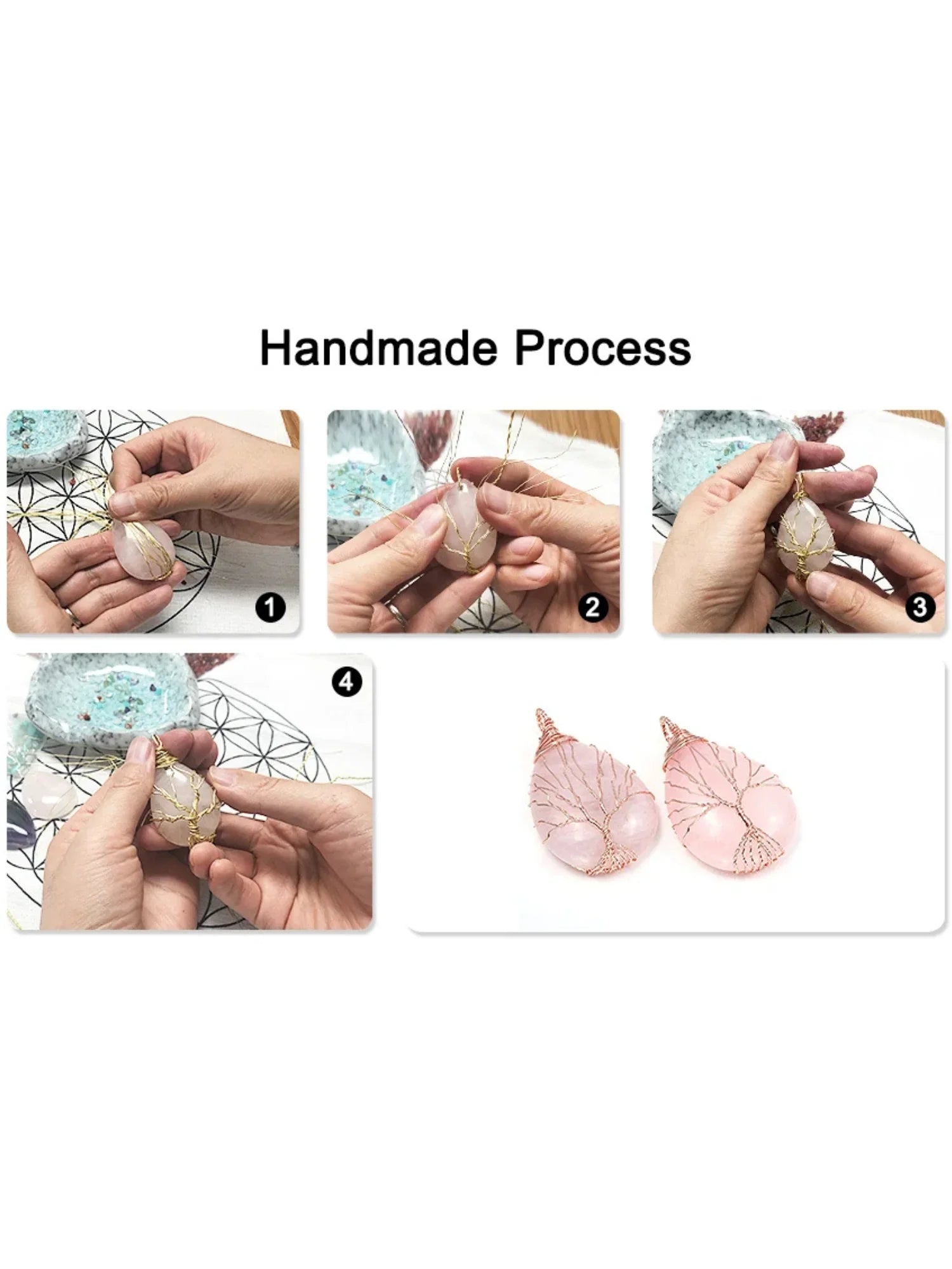 Handmade process creating rose quartz wire-wrapped tree of life pendants