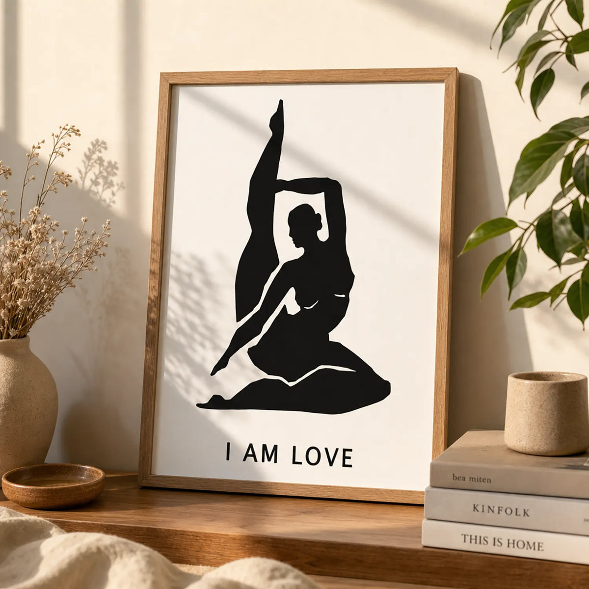 A minimalist black graphic print featuring a silhouette of a woman in a yoga pose with her leg raised, above the text 'I AM LOVE'  in a brown frame