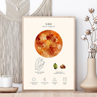 A framed astrology art print for Leo, styled on a wooden surface with a macrame wall hanging, a candle, and a vase in the background.
