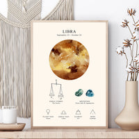 A framed astrology poster for Libra, styled on a wooden shelf next to a woven wall hanging, a white candle, and a beige ceramic vase with dried cotton stems.