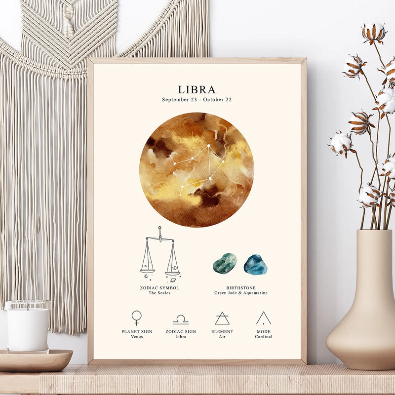A framed astrology poster for Libra, styled on a wooden shelf next to a woven wall hanging, a white candle, and a beige ceramic vase with dried cotton stems.