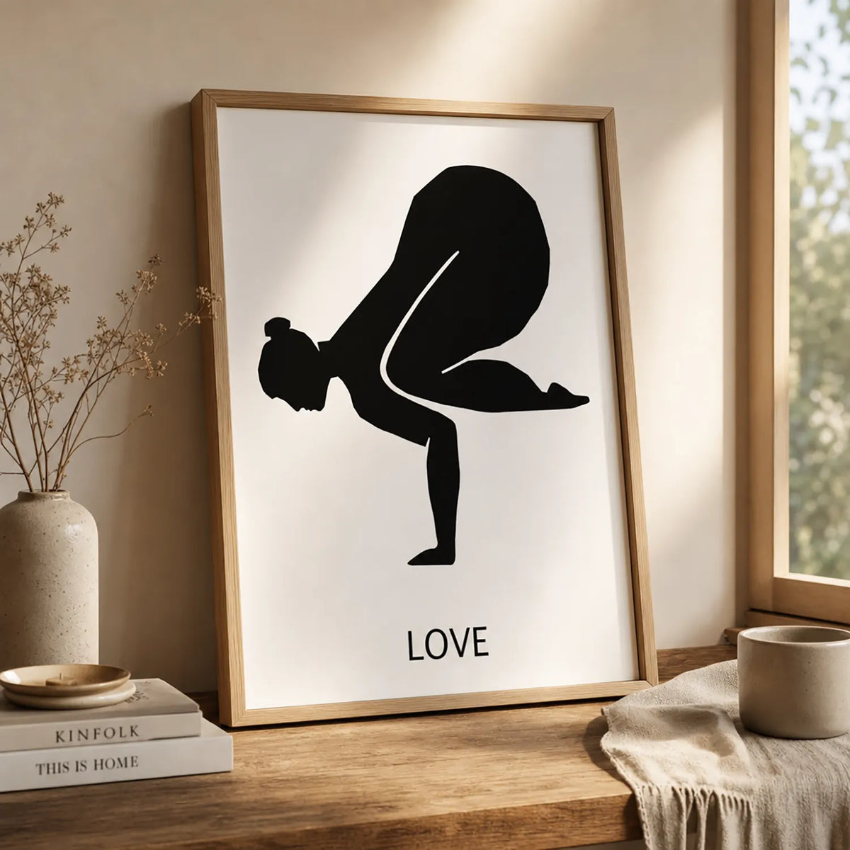 yoga pose print in brown frame