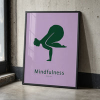 Framed mindfulness yoga art print featuring a deep-green yoga silhouette and the word “Mindfulness” on a lavender background.