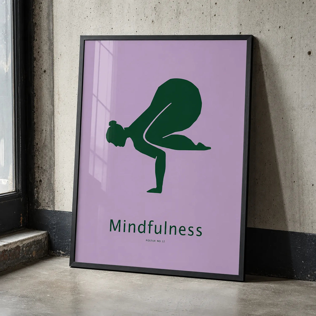 Framed mindfulness yoga art print featuring a deep-green yoga silhouette and the word “Mindfulness” on a lavender background.