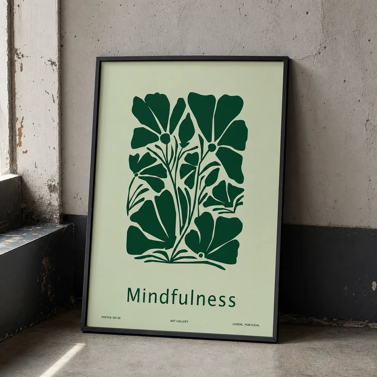Minimalist mindfulness art print featuring bold dark-green botanical flowers and the word “Mindfulness” on a pale-green background, displayed in a black frame.