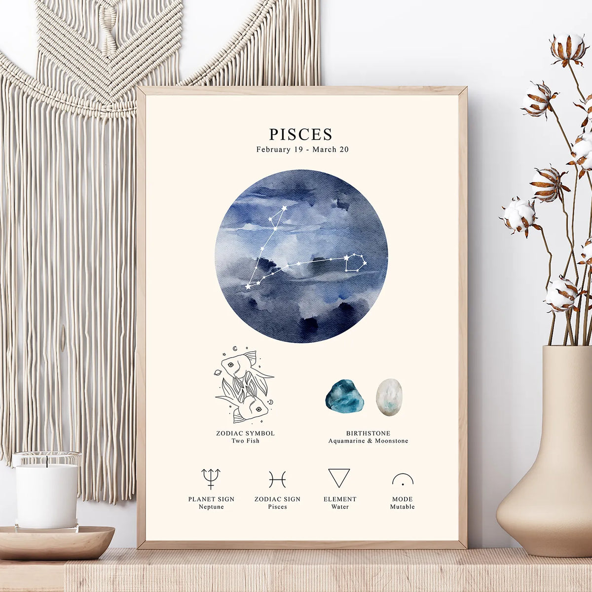 A framed Pisces zodiac art print displayed on a tabletop in a styled interior setting with a macrame wall hanging, candle, and vase.