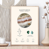 A framed Sagittarius zodiac art print styled on a wooden surface next to a macrame wall hanging and a vase with dried flowers. The print features a watercolor illustration of a brown and beige agate stone in a circular frame, with astrological details including the zodiac symbol, birthstones, and elemental associations.