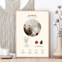 A framed Scorpio zodiac art print displayed on a wooden surface, styled with a macrame wall hanging, a candle, and dried flowers in a vase.