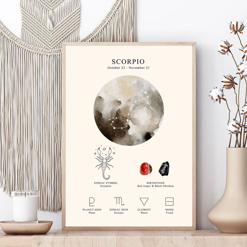 A framed Scorpio zodiac art print displayed on a wooden surface, styled with a macrame wall hanging, a candle, and dried flowers in a vase.