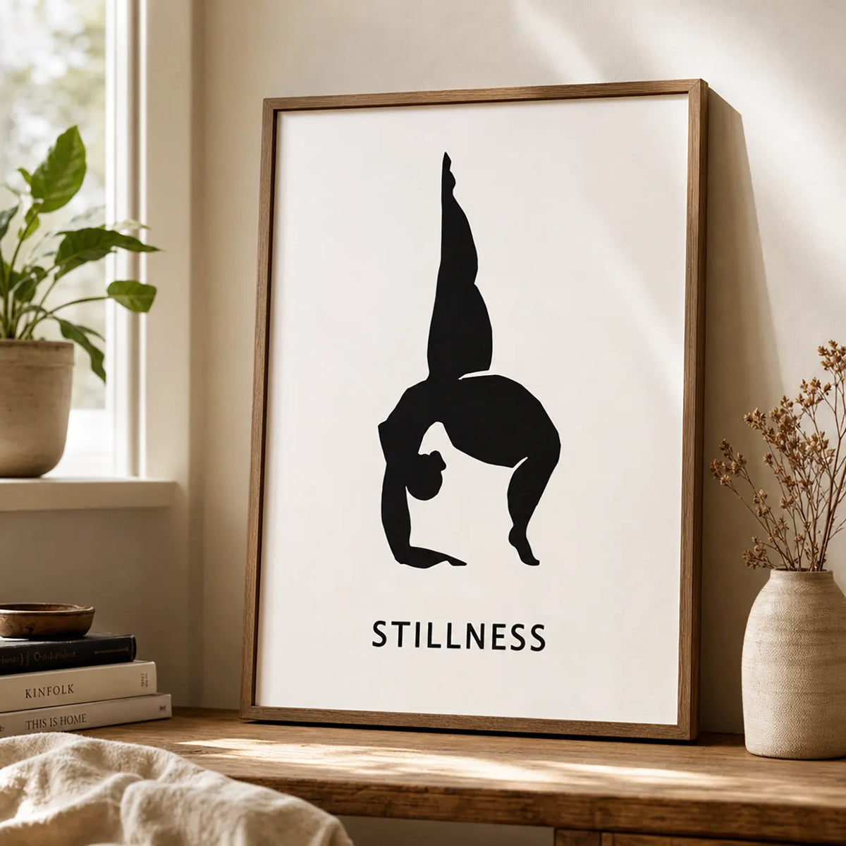 A minimalist wall art print featuring a black silhouette of a person in a handstand pose on a white background, with the word 'STILLNESS'  in brown frame